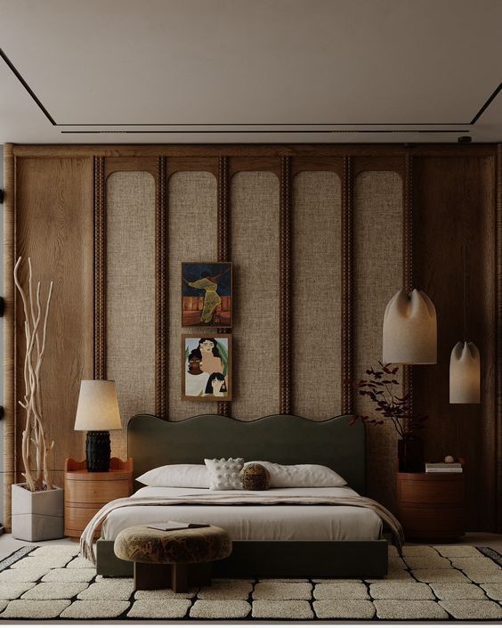 a large bed sitting next to two lamps on top of a wooden wall in a bedroom