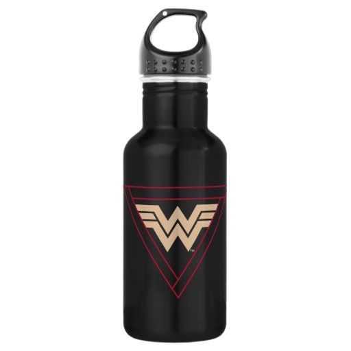 the wonder woman logo on a black water bottle with red trimmings and gold accents