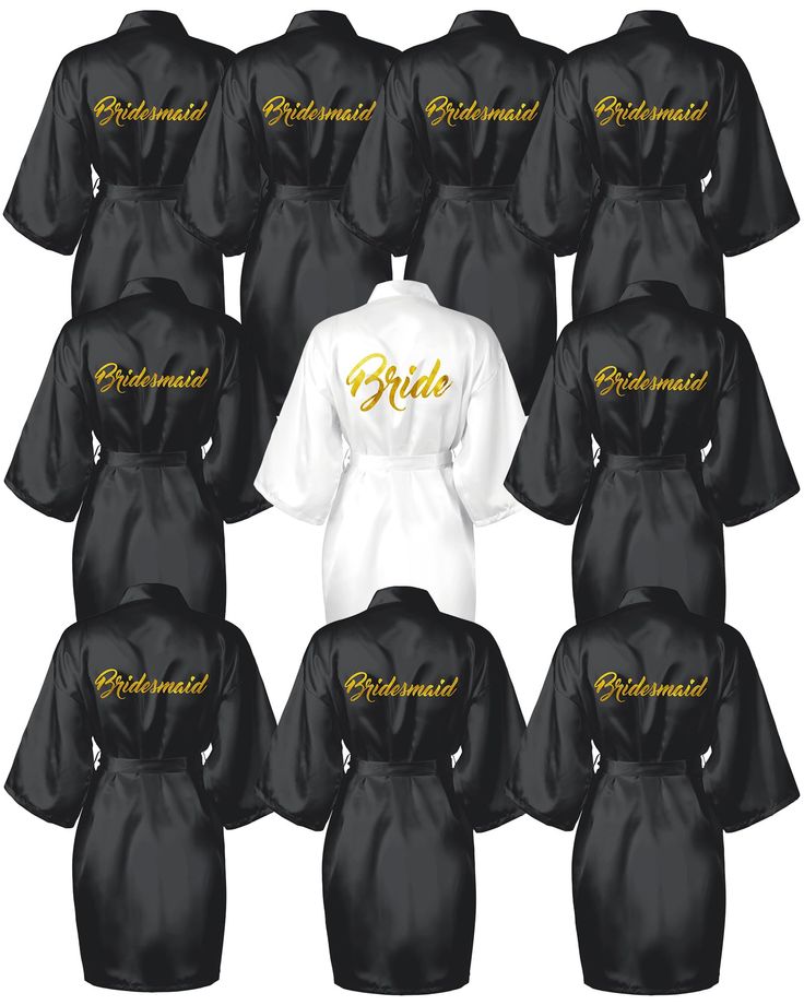 the bride robes are all black and white with gold lettering on each robe, which is also available in different colors