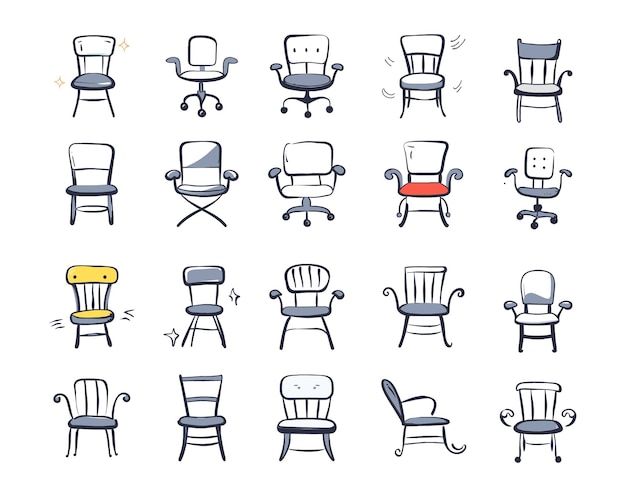 a bunch of chairs that are drawn in different colors and shapes, all sitting side by side