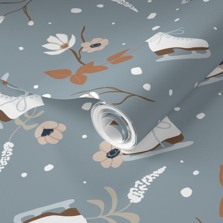 an image of a wallpaper with flowers and ice skates on the ground,