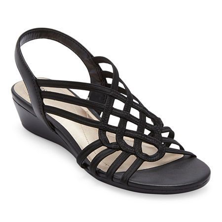 You'll love adding this pair of east 5th women's Reno wedge sandals to your warm-weather wardrobe. This open-toe style has a low 1.5-inch wedge heel with a slingback strap so you feel supported and comfortable, and also features a strappy design on the front for a stylish touch. Wear yours with an a-line dress.Closure Type: ElasticShoe Heel Height: 1 1/2 InchesUpper/Outer Base Material: 88% Elastic, 12% SyntheticSole Material Content: 52% Polyester, 48% Thermoplastic-RubberToe Type: Open Toe, Ro Mother Of The Bride Dresses Long, Sandals Wedge, Black Wedge Sandals, Bride Dresses, Sandals Black, Womens Shoes Wedges, Mother Of The Bride Dresses, Gladiator Sandals, Dresses Long