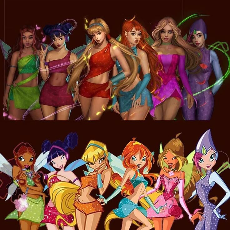 some cartoon characters are standing together in different outfits and hair colors, one is wearing a tiara while the other has long blonde hair