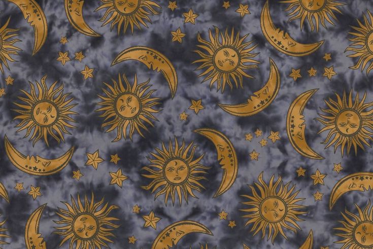 the sun, moon and stars are on a blue tie dye background