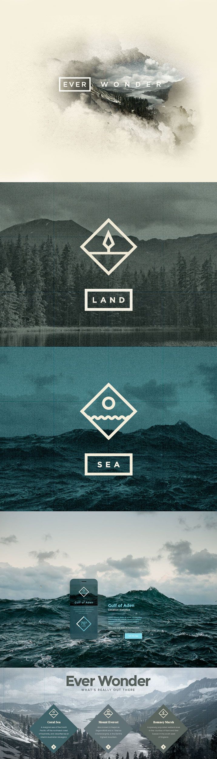 four different types of logos with mountains and trees in the background, all on one side