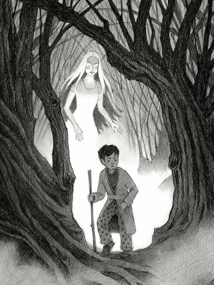 a black and white drawing of a boy holding a stick in the woods with a woman standing behind him