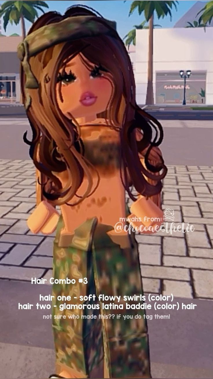 an animated image of a woman with long brown hair and green pants on the street