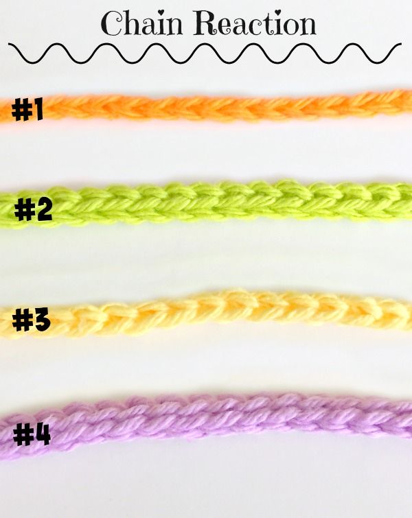 four different colored crochet stitchs with the numbers 1, 2, and 4