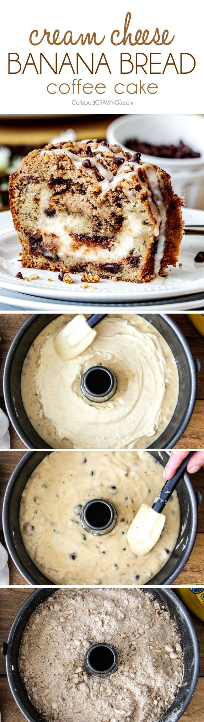 four different pictures showing the steps to make cinnamon roll cake with cream cheese frosting