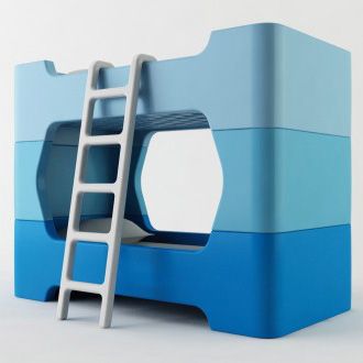 a blue and white bunk bed with a ladder