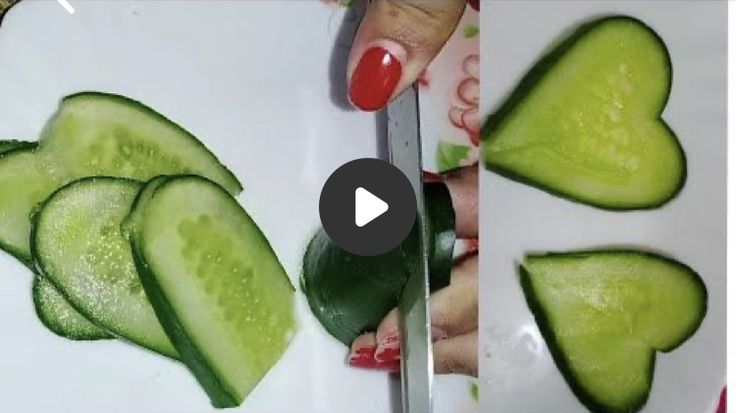 someone cutting up cucumbers on a white plate