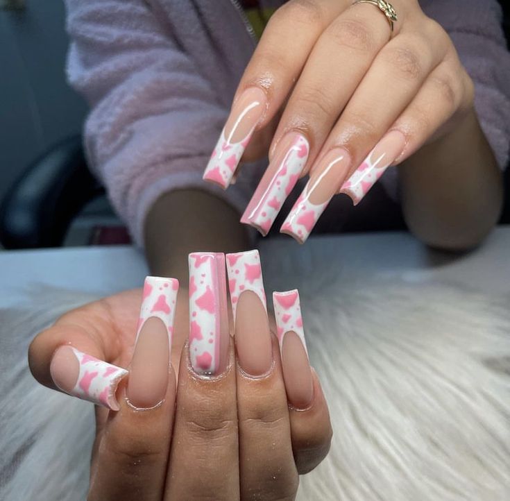 Cow French Tip Nails Pink, Cow Square Nails, Pink Cow French Tip Nails, Pink Cow Print Nails Acrylic Long, Cow Acrylic Nail Designs, Heart Cow Print Nails, Acrylic Nail Designs Cow Print, Cute Cow Nail Designs, Short Nail Designs Cow Print