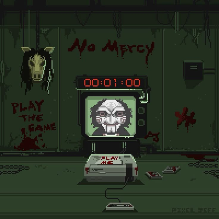 an old school computer game with a skull on the screen and blood splattered walls