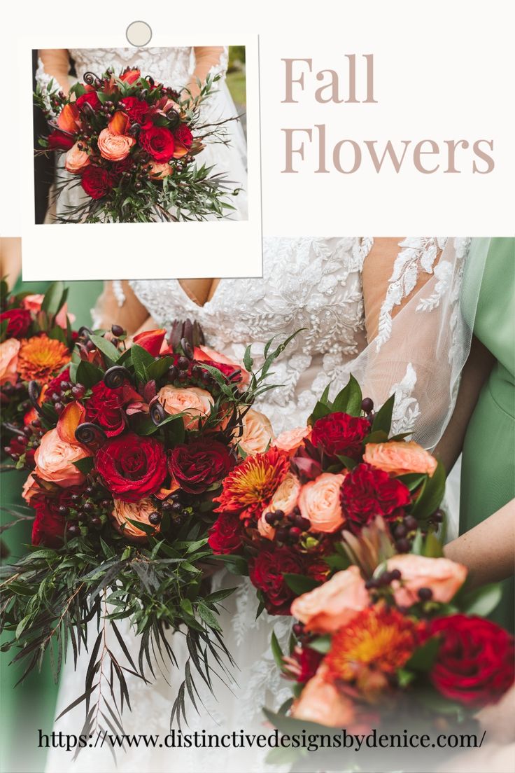 two brides holding red and orange bouquets with text overlay that reads fall flowers