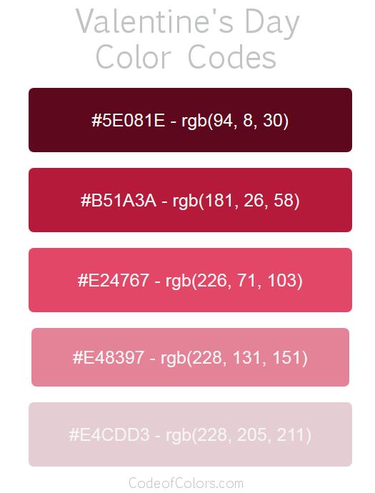 the valentine's day color code is shown in red, pink, and purple