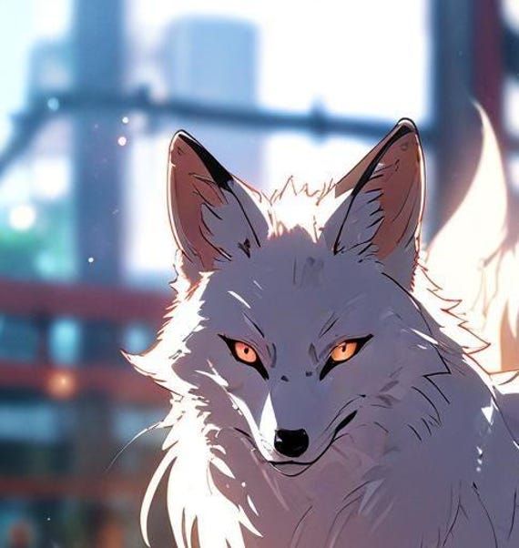 a white wolf with orange eyes standing in front of a building