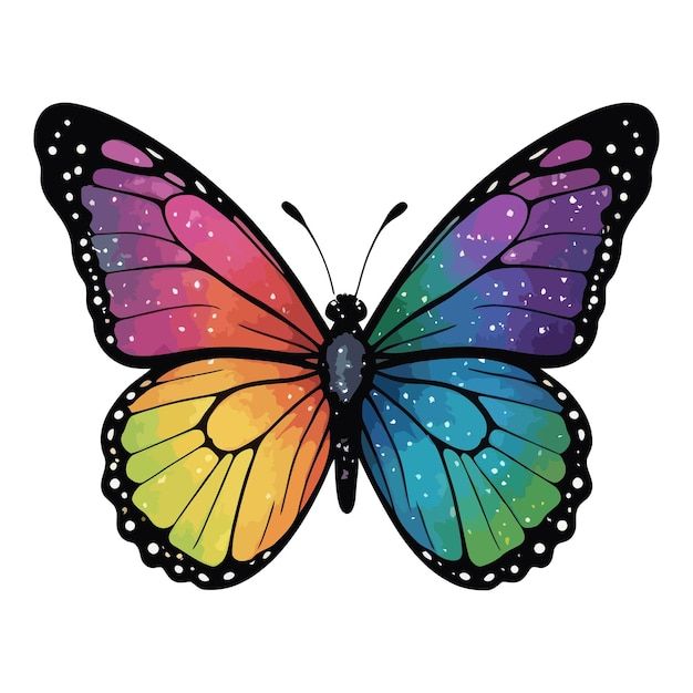 a colorful butterfly flying through the air with stars on it's wings and its wings spread