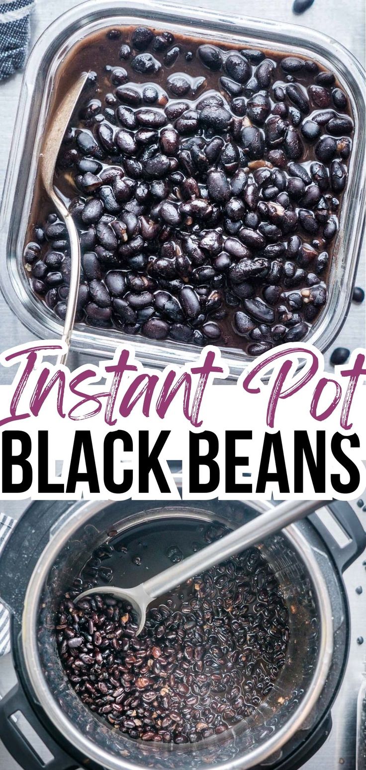 Juicy black beans in glass dish with serving spoon. Cooked black beans in Instant Pot with serving spoon. Title text: Instant Pot Black Beans How To Cook Black Beans In Instant Pot, Cooking Beans In The Instant Pot, Black Beans In The Instant Pot, Instant Pot Dried Beans Recipe, Dried Black Beans Instant Pot, How To Cook Dry Beans In Instant Pot, Instant Pot Black Beans Soaked, Black Beans Stovetop, Dry Black Beans Instant Pot