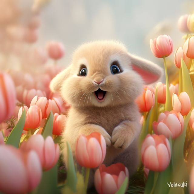 a little bunny is sitting in the middle of some tulips with its mouth open