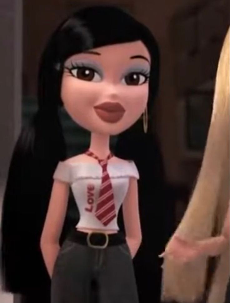 an animated girl with long black hair wearing a red tie and white shirt, standing next to a man