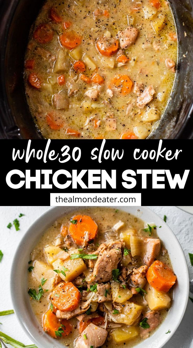 slow cooker chicken stew with carrots, potatoes and meat in the crock pot