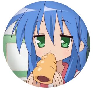 an anime character with blue hair and green eyes holding a piece of bread in front of her face