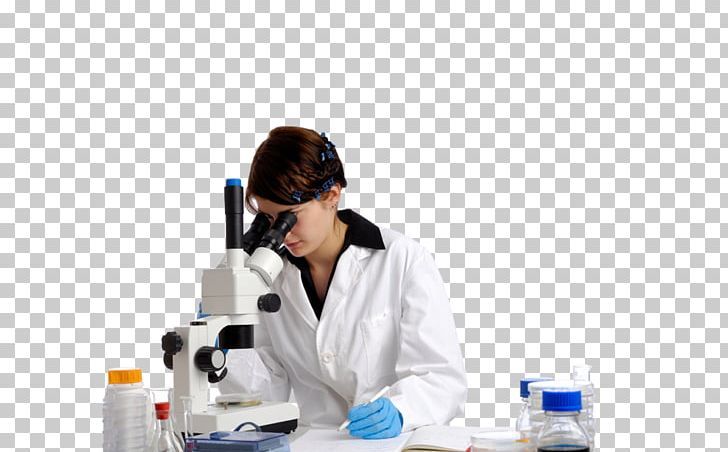 a woman in white lab coat looking through a microscope with other laboratory supplies on the table