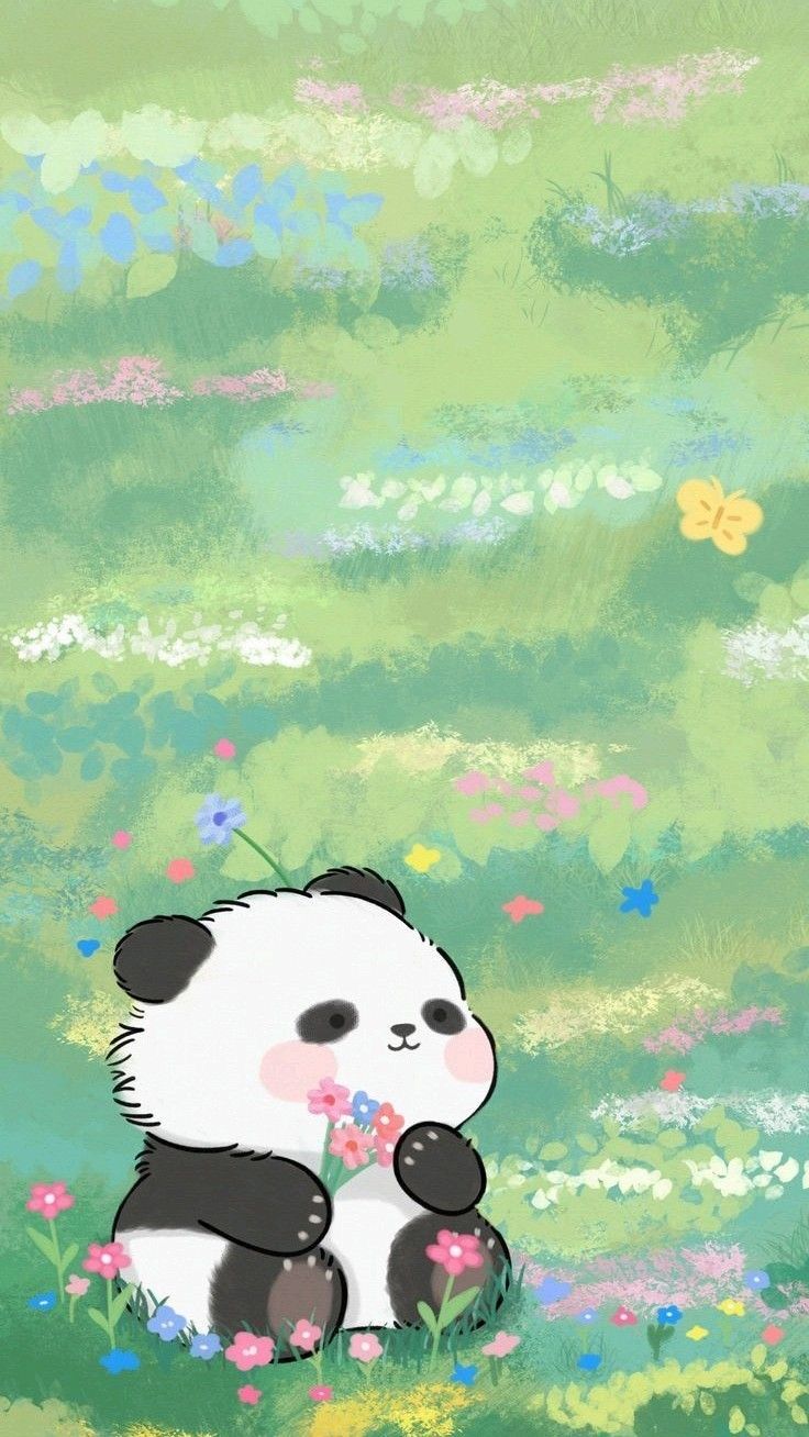 a painting of a panda bear sitting in the grass with flowers and butterflies around it