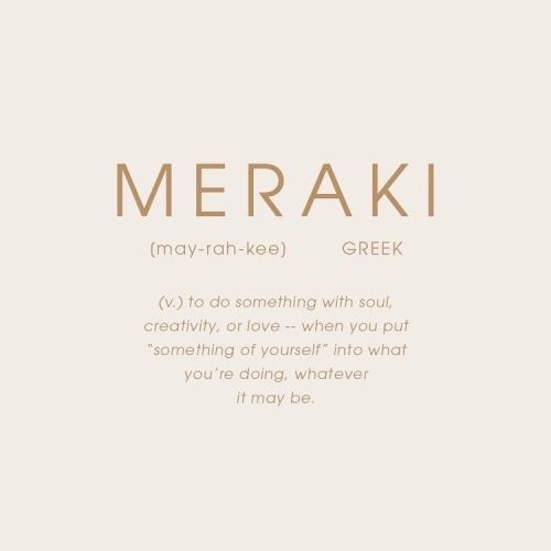 the words meraki are written in gold on a white background with an orange border