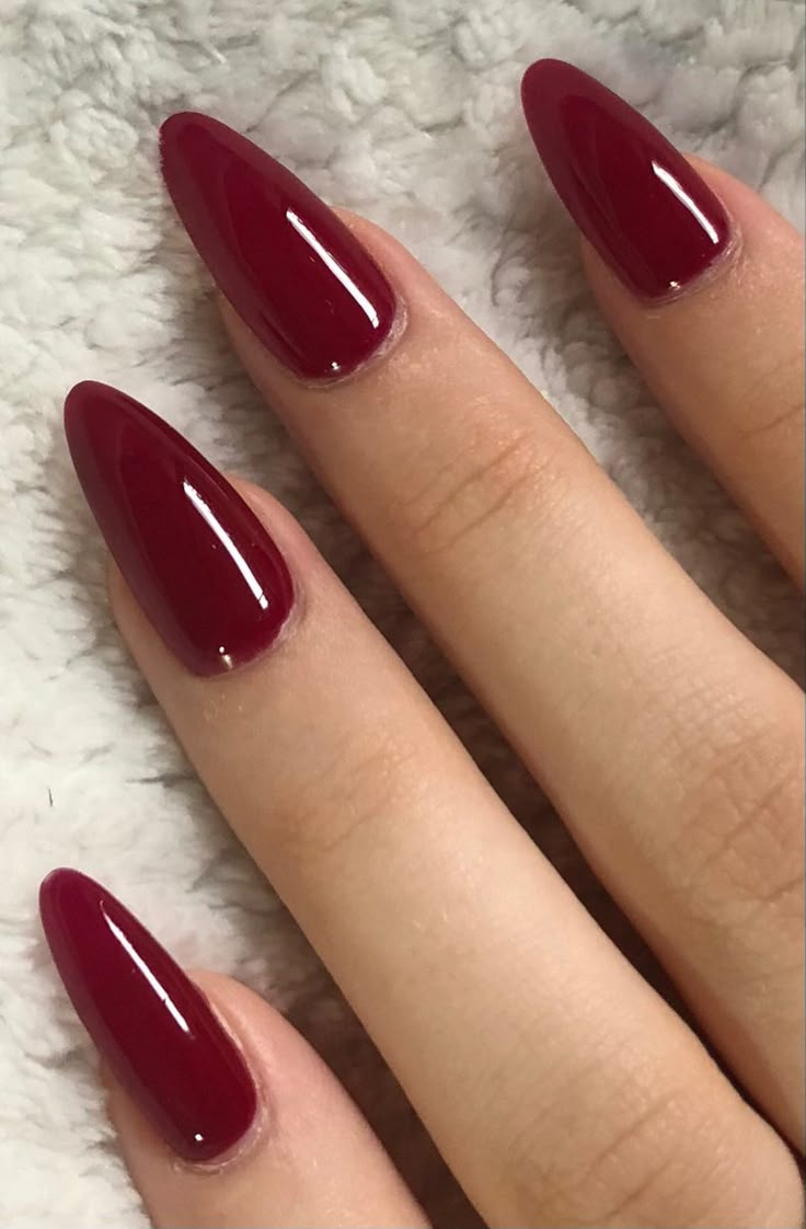 Acrylic Nails Ideas Long Almond, Crimson Red Almond Nails, Cherry Red Nails Acrylic Almond, Acrylic Nails Deep Red, Dark Red Long Almond Nails, Fall Cherry Red, Almond Nails Cherry Red, Red Nail Inspo Acrylic Almond, Cherry Red Nails Aesthetic