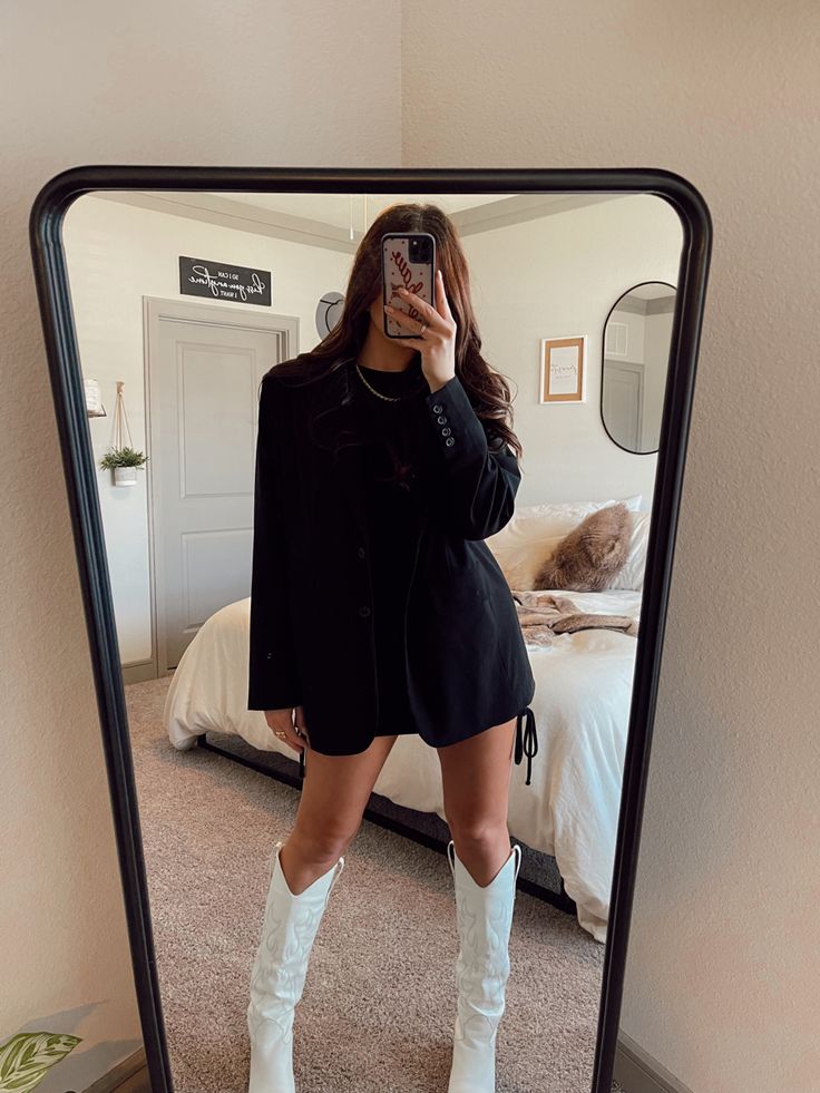 black & white inspo | cowboy boots | aesthetic Outfits With White Boots Summer, Two Tone Cowboy Boots Outfit, White Cow Boots Outfit, Fancy Cowboy Boots Outfit, Black Dress And White Boots, How To Style Tall Cowboy Boots, Outfit White Cowboy Boots, Long White Boots Outfit Winter, Black Outfit White Boots