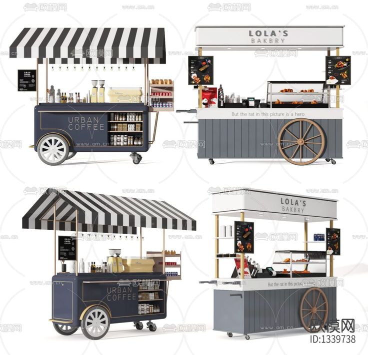 four different types of food cart with awnings