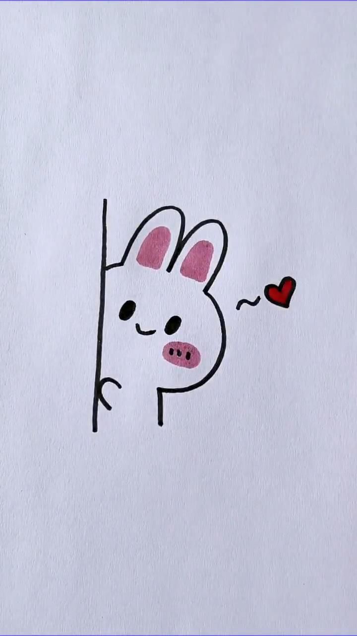 a drawing of a rabbit peeking out from behind a wall with a heart in it's mouth