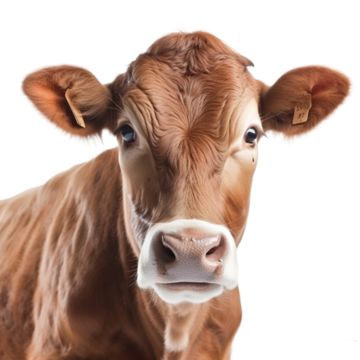 a brown cow standing on top of a white floor