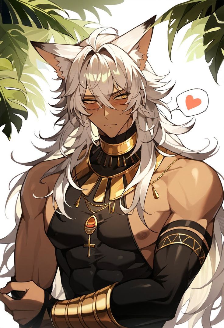 an anime character with long white hair and black cats on his chest, wearing gold jewelry