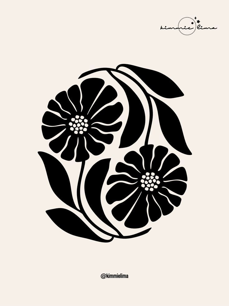 a black and white flower with leaves on it's side, in the shape of a circle