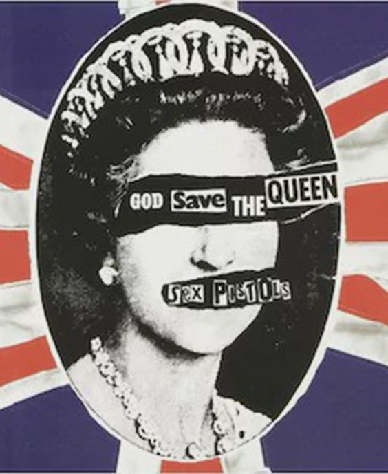 an image of the queen wearing blindfolds with words taped to her face in front of a british flag