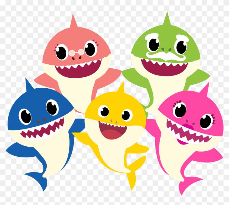 four cartoon sharks with big eyes and one is smiling at the camera, while three others are