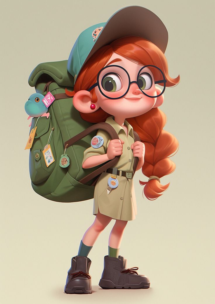 a cartoon girl with glasses and a backpack