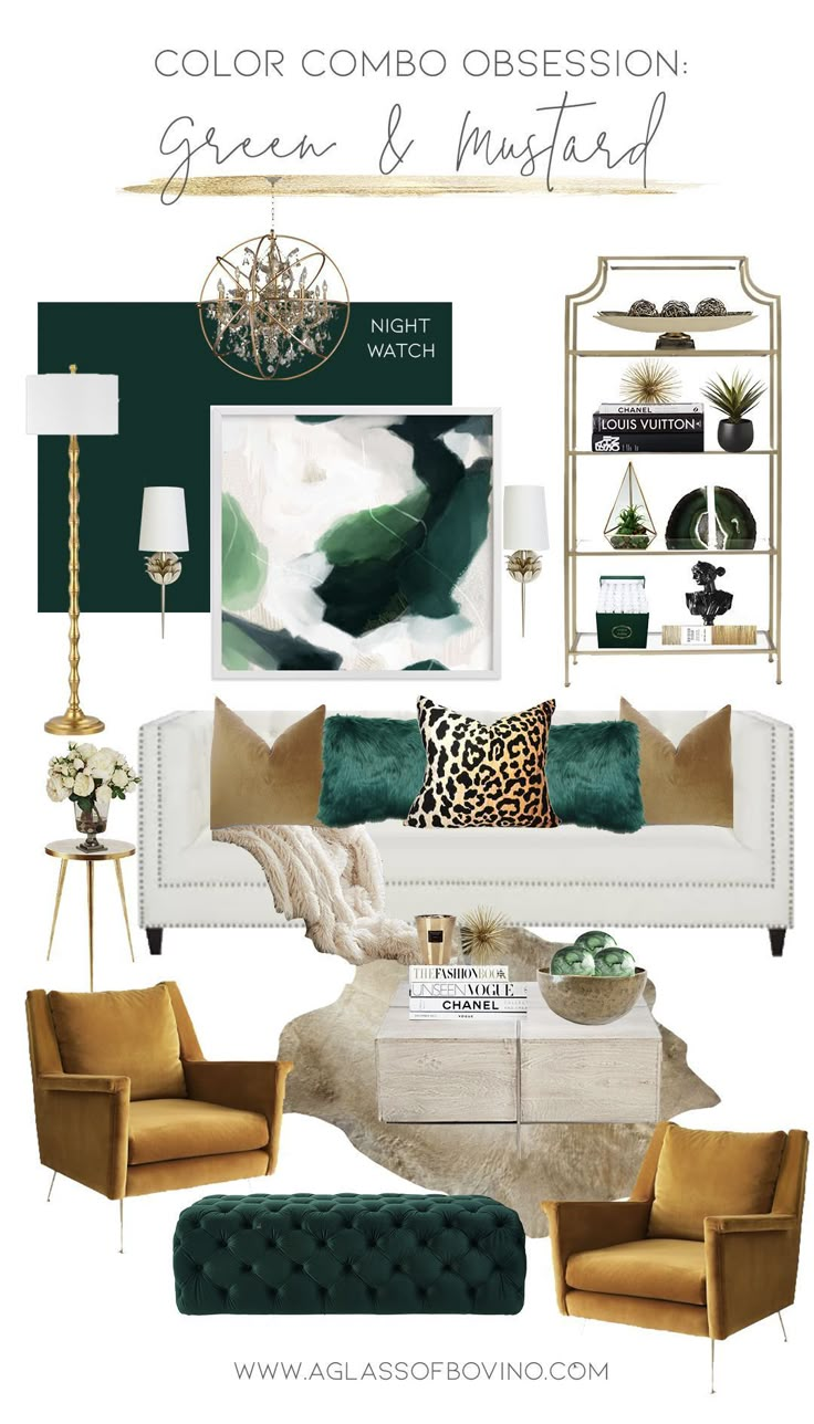 a living room with green and gold accents