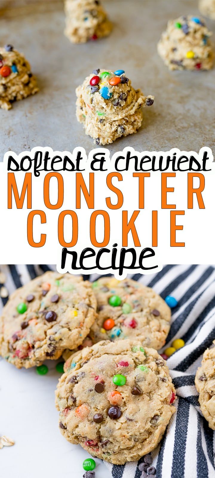 monster cookie recipe with chocolate chips and sprinkles on the top, and bottom