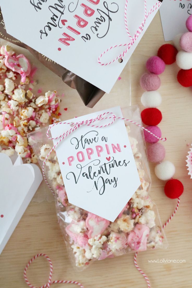 valentine's day treat bags filled with popcorn