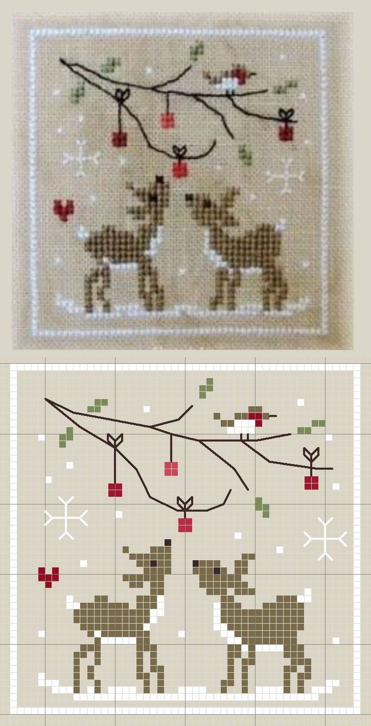 two cross stitch pictures, one with reindeers and the other with snowflakes