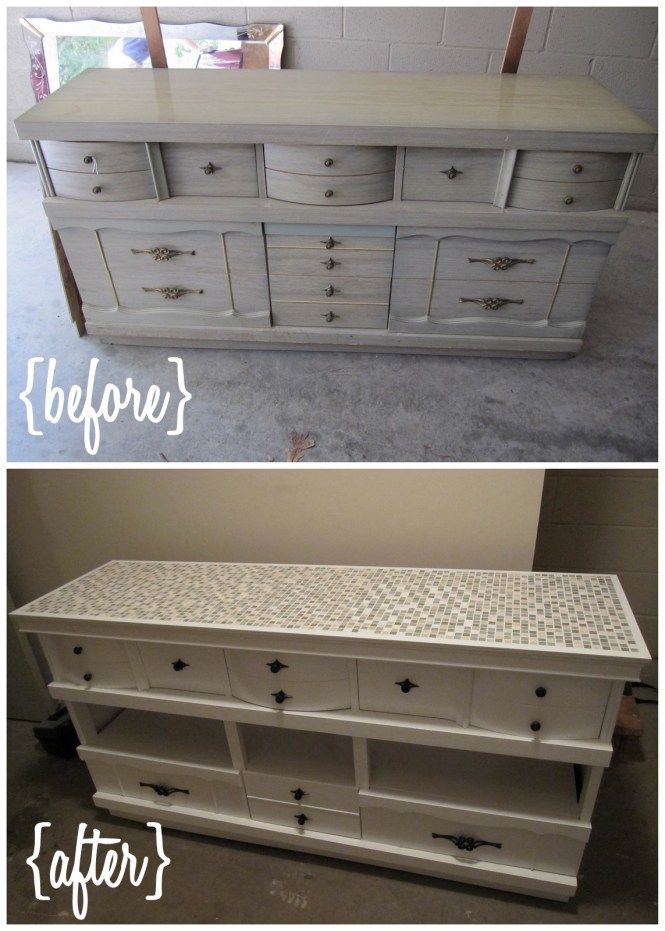 before and after photos of an old dresser makeover with white paint, new drawer pulls