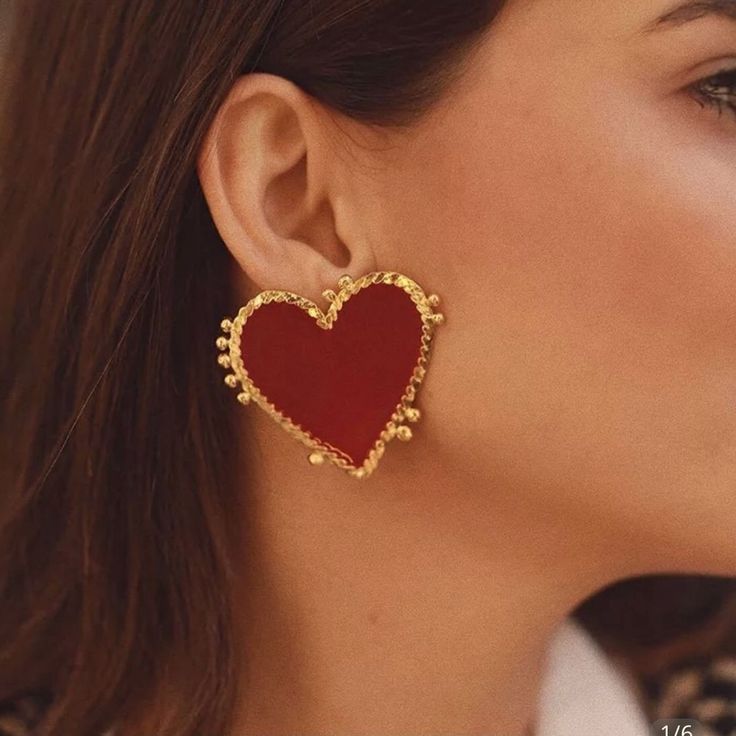 Celebrate Valentines Or Any Day With These Adorable Red Enamel Earrings Trimmed With Gold. Love Mimi Red Earrings Stud, Red Heart Earrings, Womens Earrings Studs, Luxury Earrings, Heart Shaped Earrings, Trendy Earrings, Enamel Earrings, Big Earrings, Heart Studs