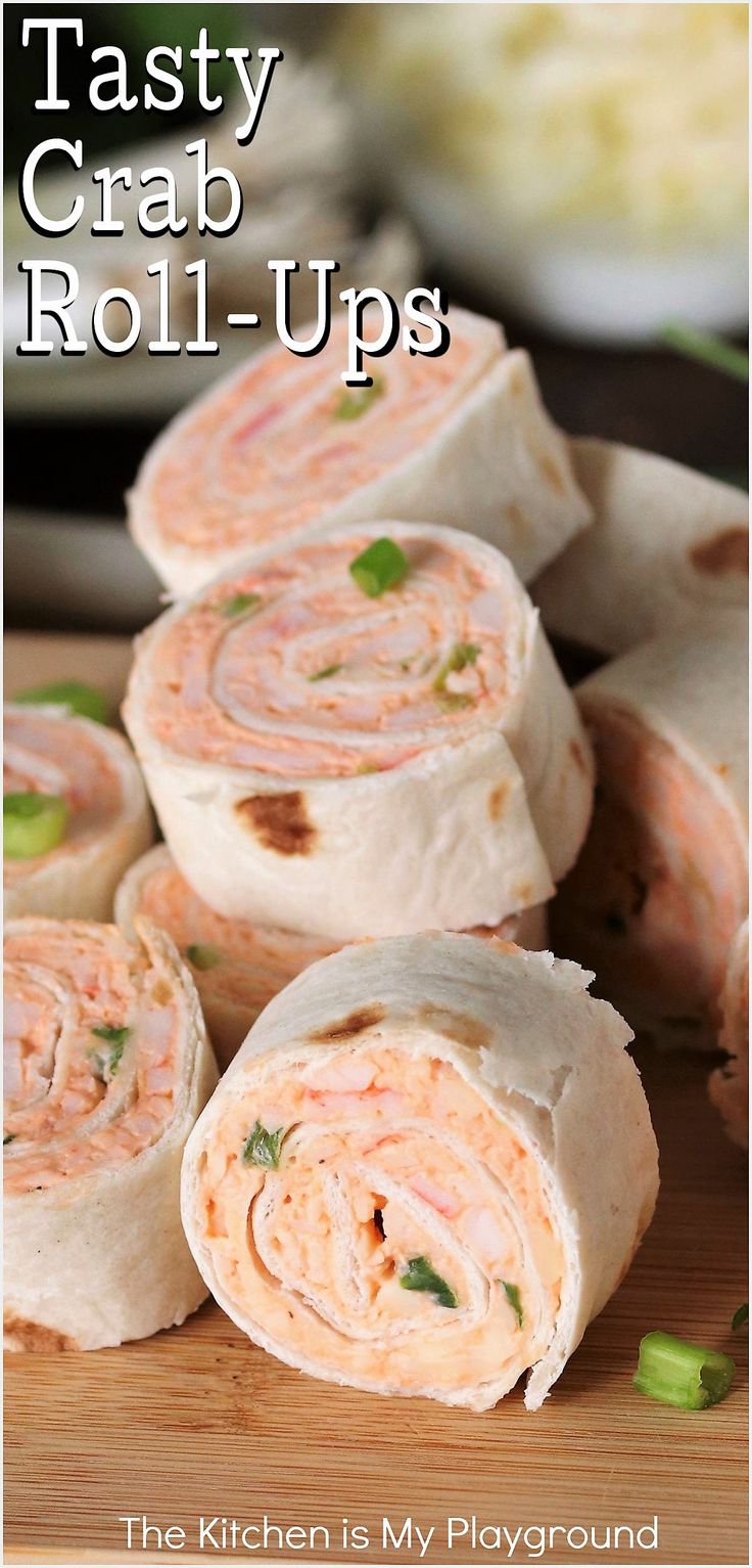 Stack of Crab Roll-Ups Easy Roll Ups For Lunch, Crab Tortilla Roll Ups, Cream Cheese And Tortilla Recipes, Crab Rangoon Tortilla Roll Ups, Sushi Recipes Cream Cheese, Crab Meat Lunch Ideas, Meat Roll Ups Appetizers, Crab Wraps Recipes, Crab Rangoon Roll Ups