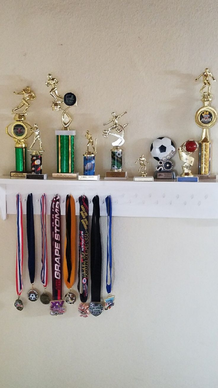 several medals are hanging on a wall above a shelf with books and other sports trophies