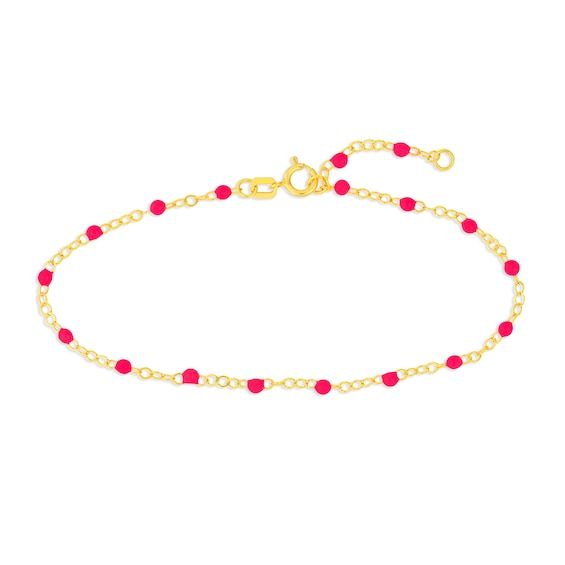 Bring attention to your style with this dainty beaded chain bracelet. 14K gold Small neon pink enamel beads are stationed at regular intervals along the link chain 2.0mm width 6.5- to 7.5-inch adjustable chain; spring-ring clasp Beaded Chain Bracelet, Enamel Beads, Pink Enamel, Beaded Chain, Spring Rings, Link Chain, Neon Pink, Chain Bracelet, Neon