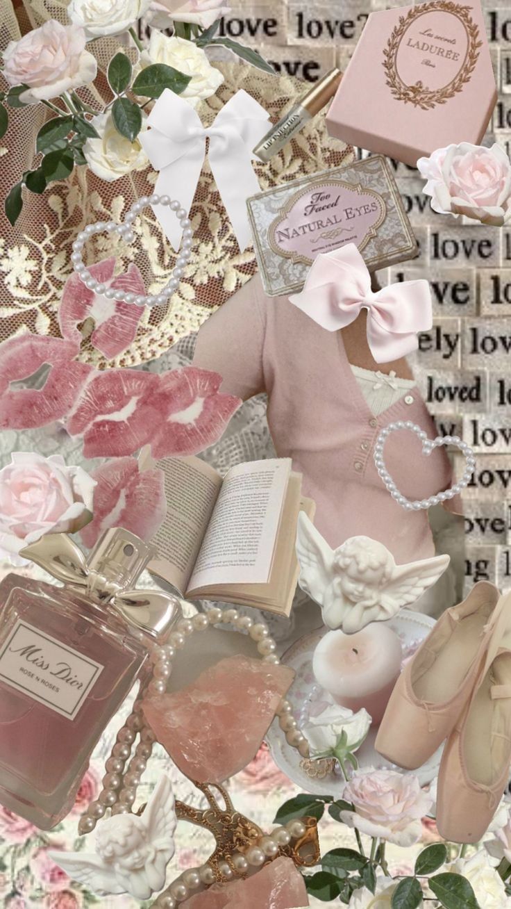 a collage of pink and white flowers, books, perfume bottles, and other items