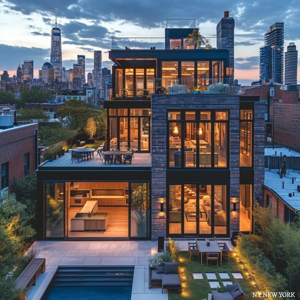 an aerial view of a modern home in the city at dusk with pool and patio